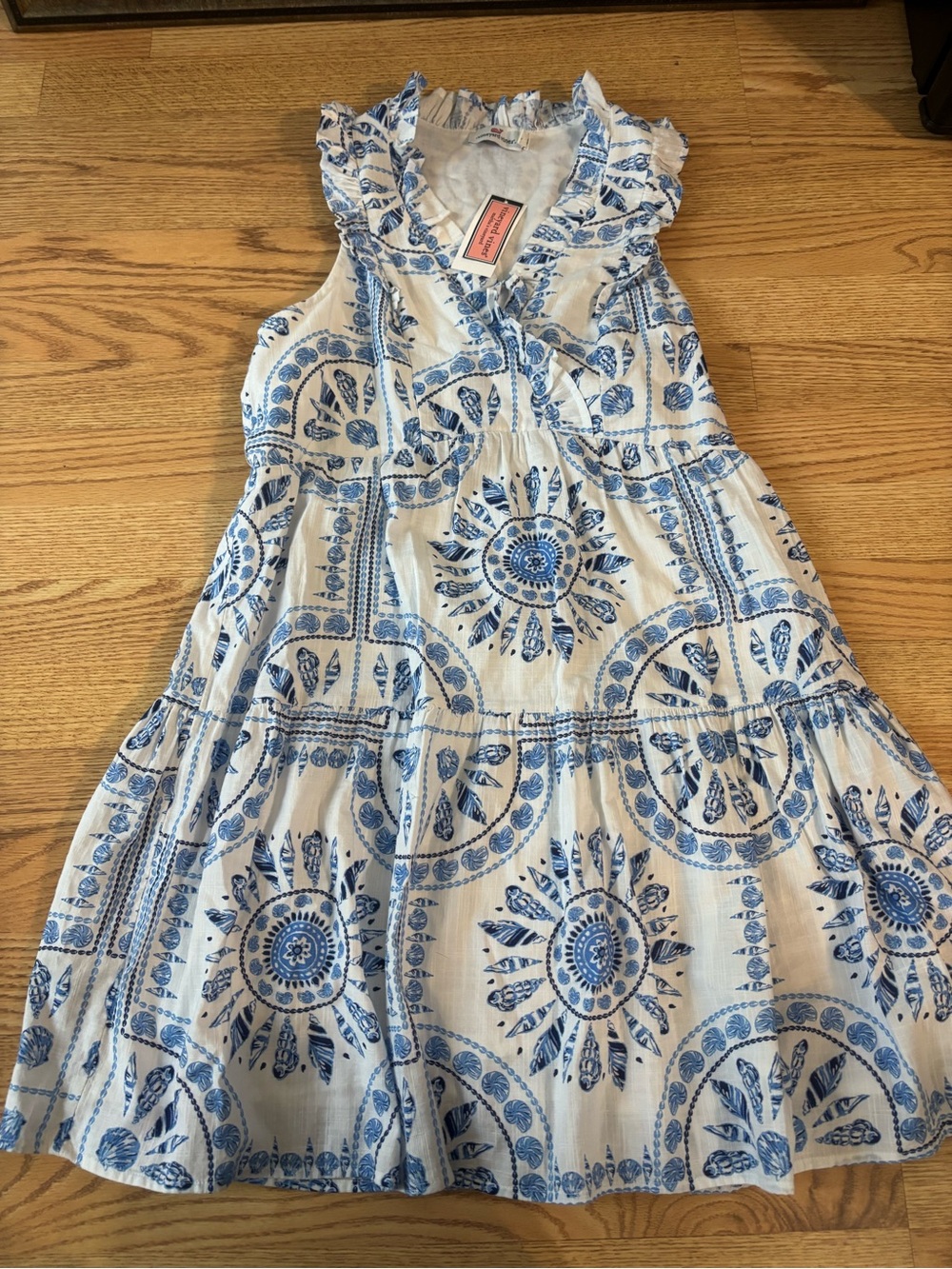 Vineyard Vines White Dress with Blue Medallion Print